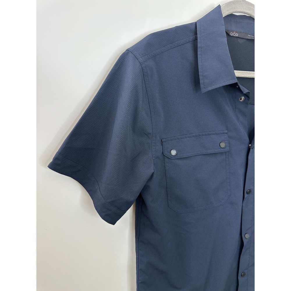 QOR Short Sleeve Snap Button Up Pocket Shirt Navy Blue Men's Large Vented Back - Picture 3 of 10